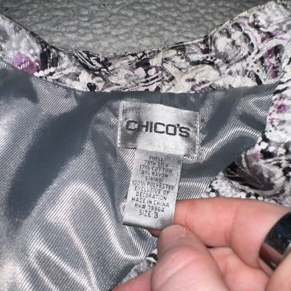 Chicos XL (Sz 3) Silk Blend Blazer Jacket White Black Purple Abstract Womens EUC - Picture 6 of 12